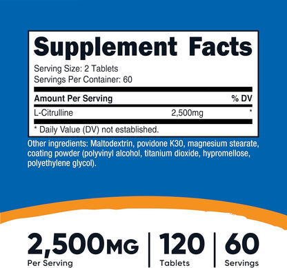 Nutricost L-Citrulina 2500mg por dosis - 120 – Dosis por ración: 2 comprimidos (2500 mg de L-Citrulina). – Image 2