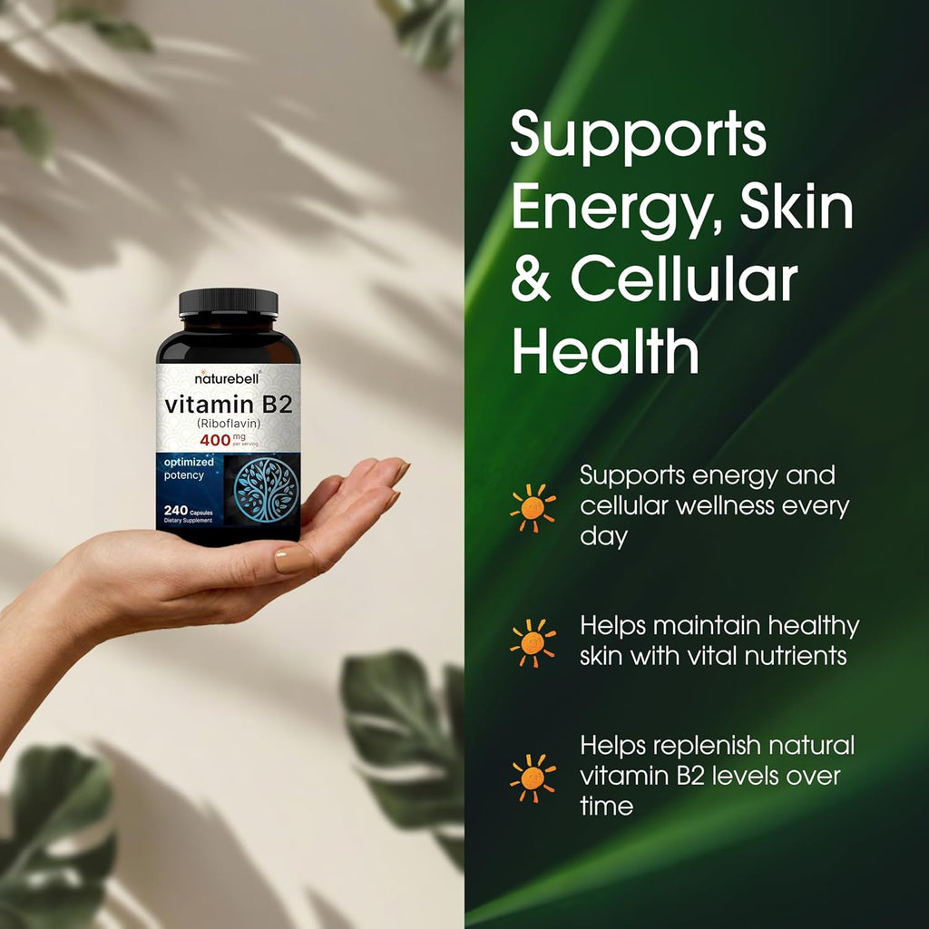 NatureBell Vitamina B2 (Riboflavina) 400mg - 240 Cápsulas - Complemento para Energía y Salud Celular