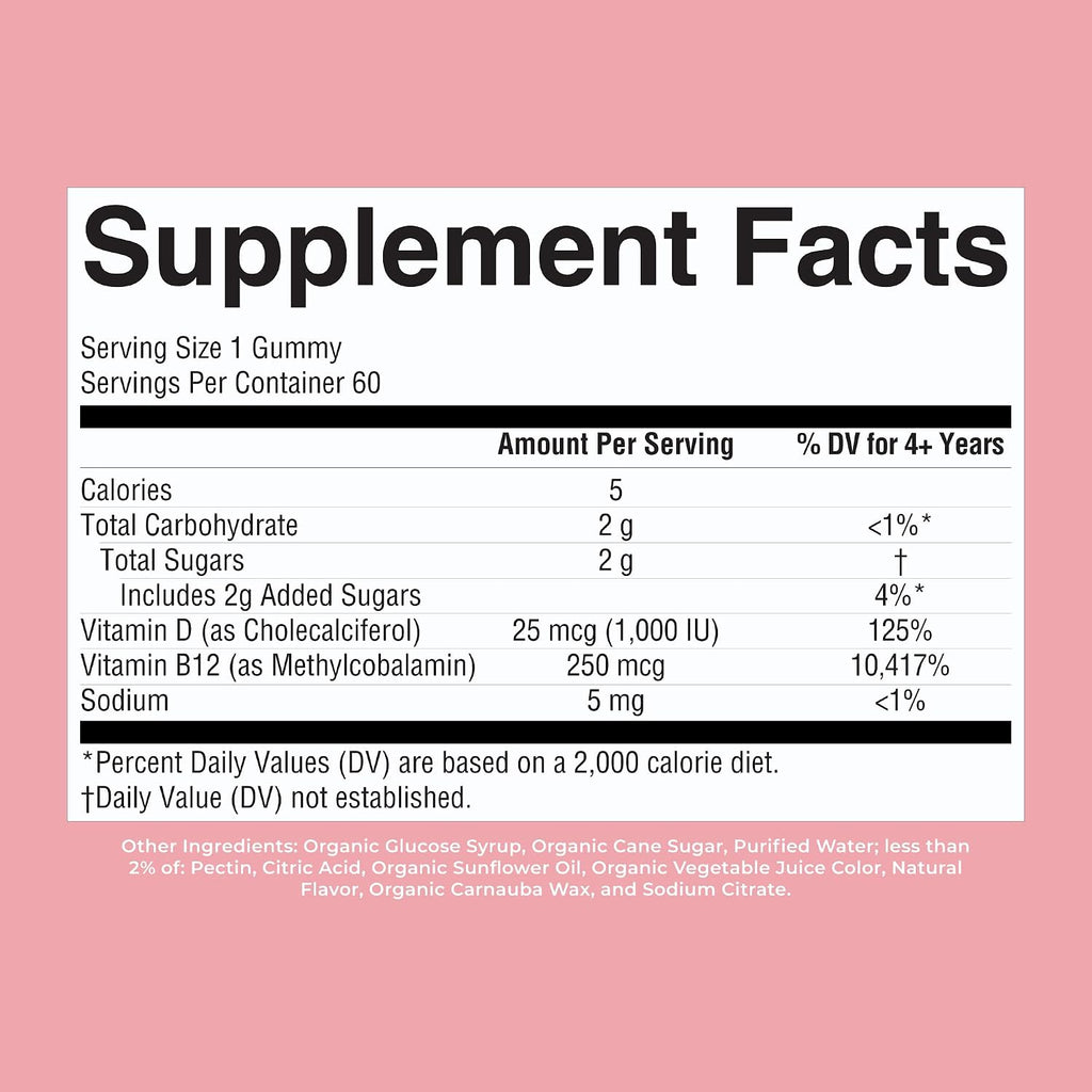 MARYRUTH'S Organic Vitamin D3 + B12 Gummies for Ages 4+ | Bone Health | Immune Support | Energy Metabolism | Cognitive Function | Vegan | Non-GMO | Gluten Free | 60 Servings | 2 Month Supply