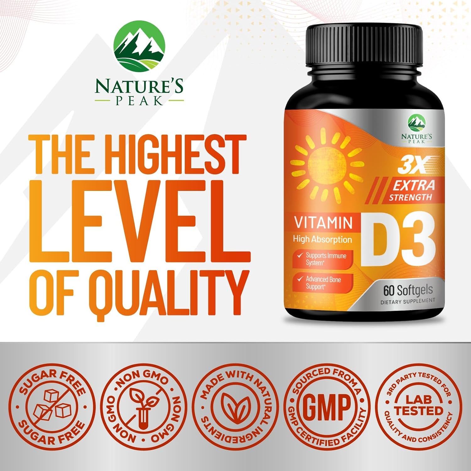 Vitamina D3 5000 IU (125 mcg) - 60 Cápsulas Blandas - Nature's Peak