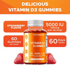 Vitamatic Gominolas de Vitamina D3 (5000 IU) - 60 Gominolas con Sabor Natural a Fresa