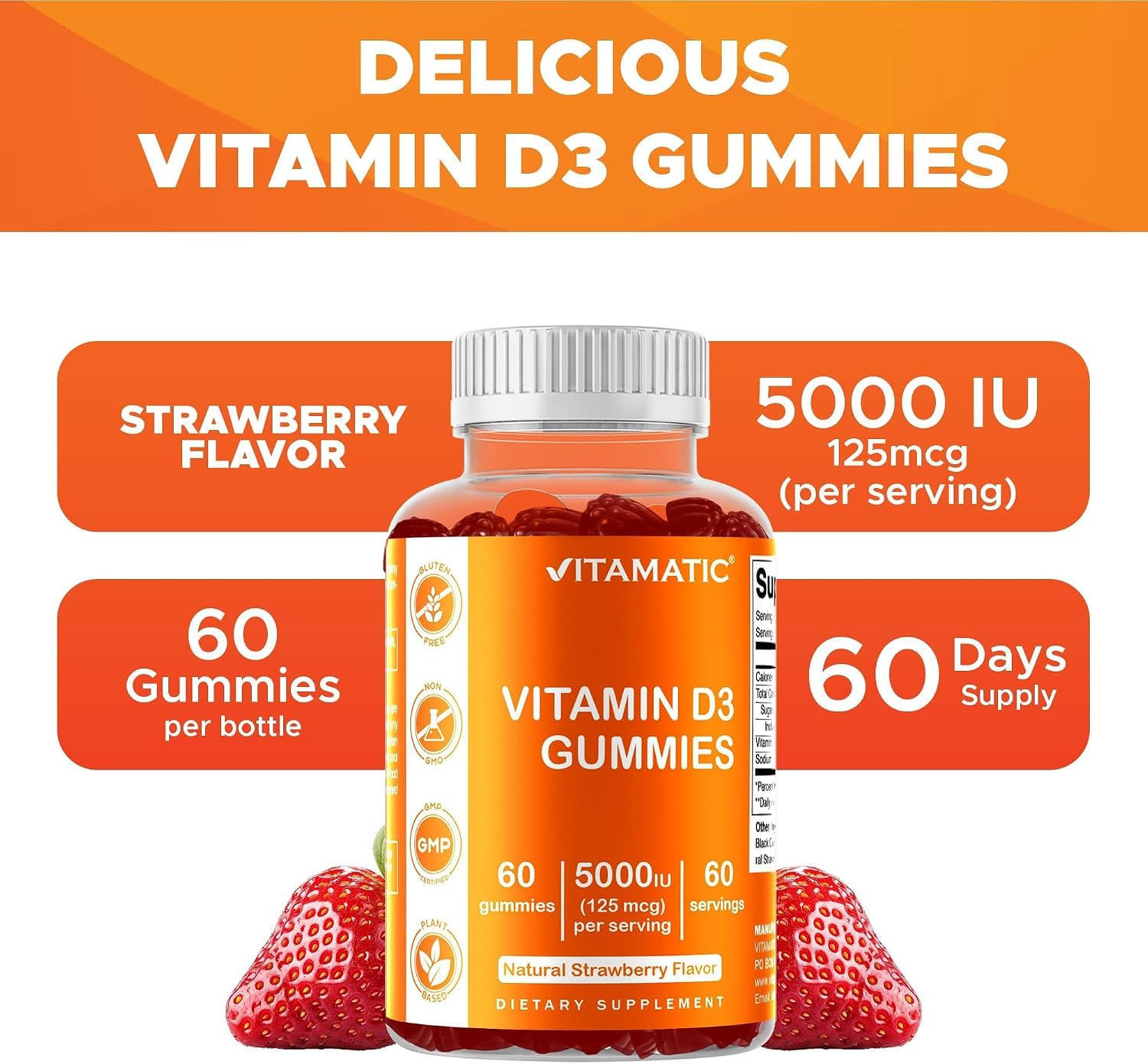 Vitamatic Gominolas de Vitamina D3 (5000 IU) - 60 Gominolas con Sabor Natural a Fresa
