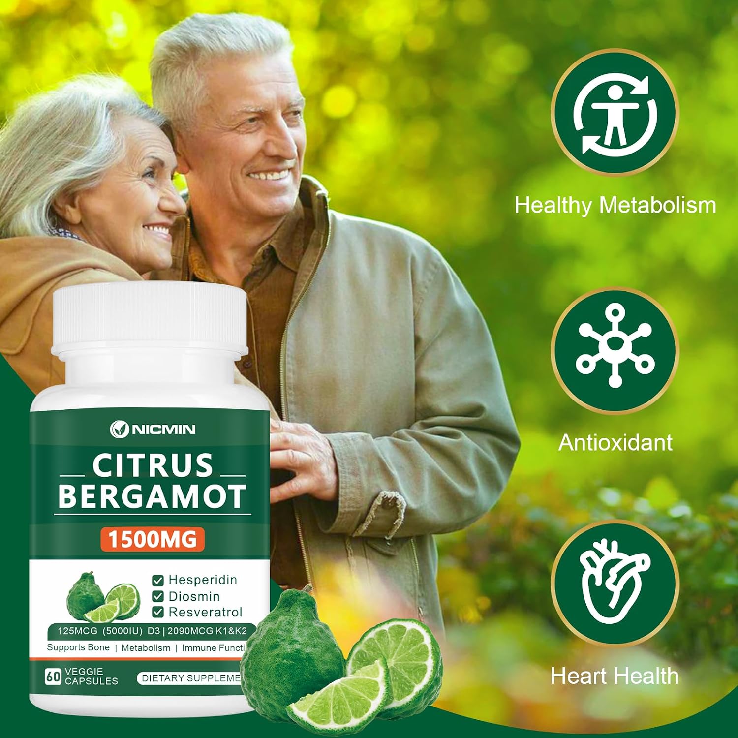 Citrus Bergamot 1500mg con Hesperidina, Diosmina, Resveratrol, Vitamina D3, K1 y K2 - 120 Cápsulas Veganas