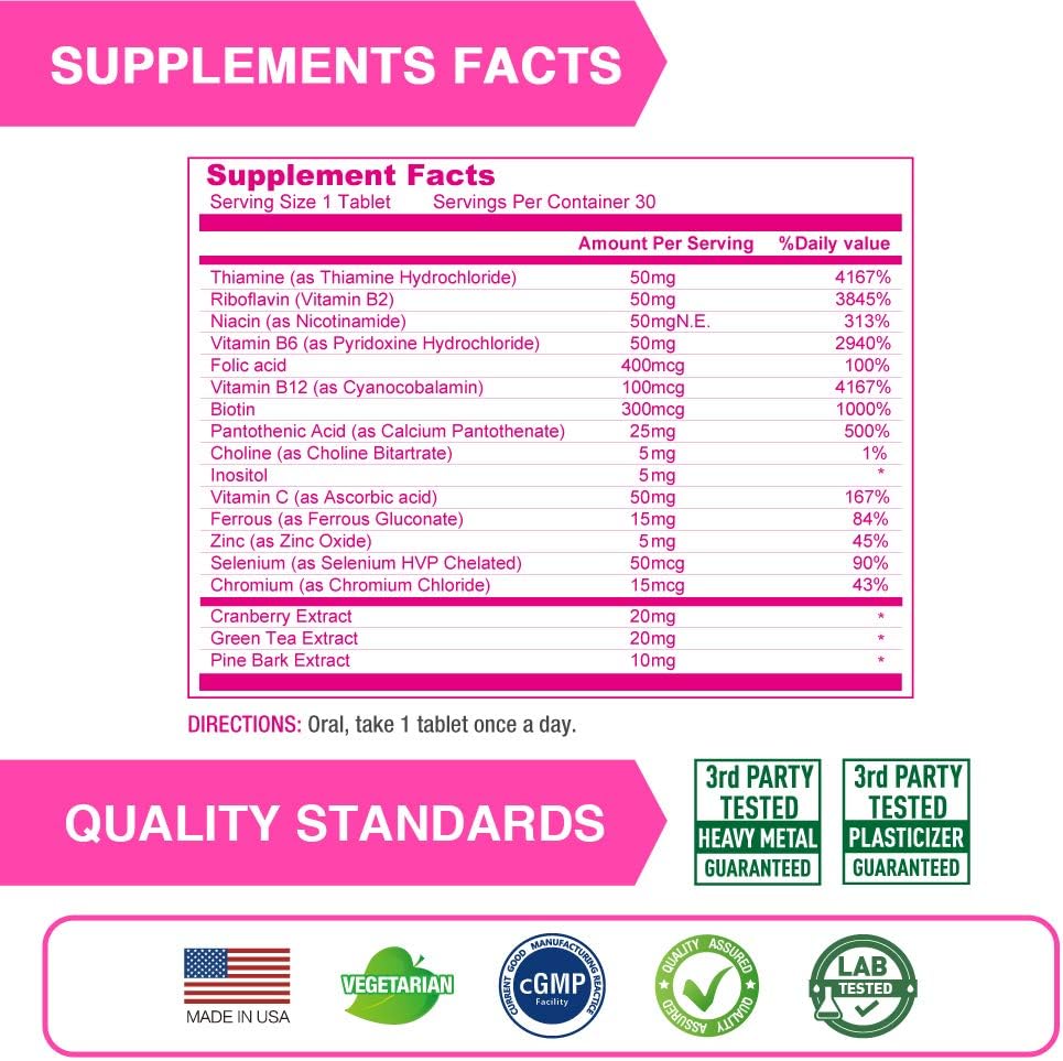 Complejo B de Alta Potencia para Mujeres con Liberación Prolongada - LOVITA - Vitaminas B con Hierro, Vitamina C, Arándano Rojo, Corteza de Pino y Té Verde - 90 Comprimidos (3 Envases de 30)