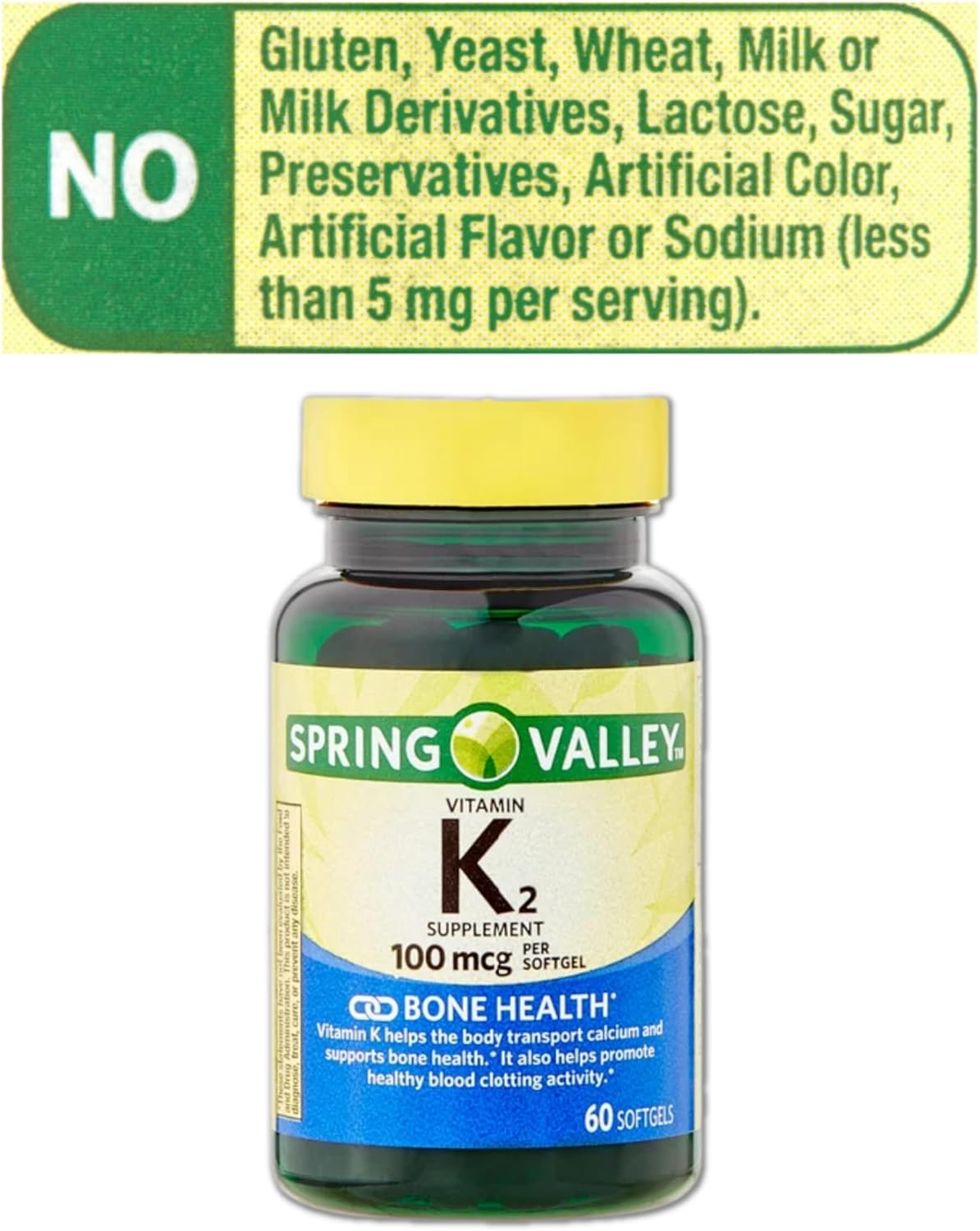 Spring Valley Vitamina K2 100 mcg, 60 Cápsulas Blandas con Pastillero