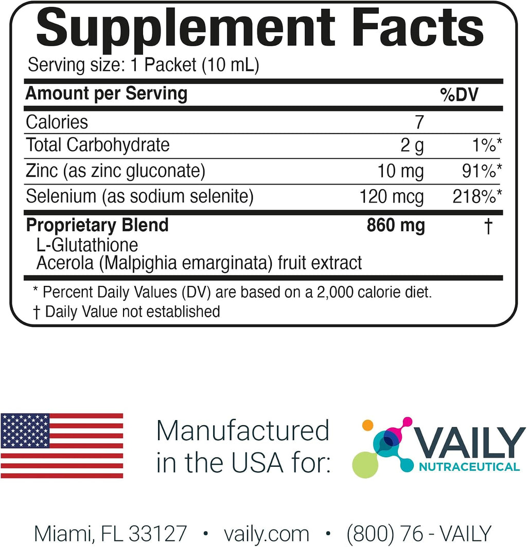 Vaily Suplemento de Apoyo Inmunológico - Glutatión Líquido 860 mg con Vitamina C, Zinc y Selenio - Antioxidante de Alta Potencia - 30 Viales