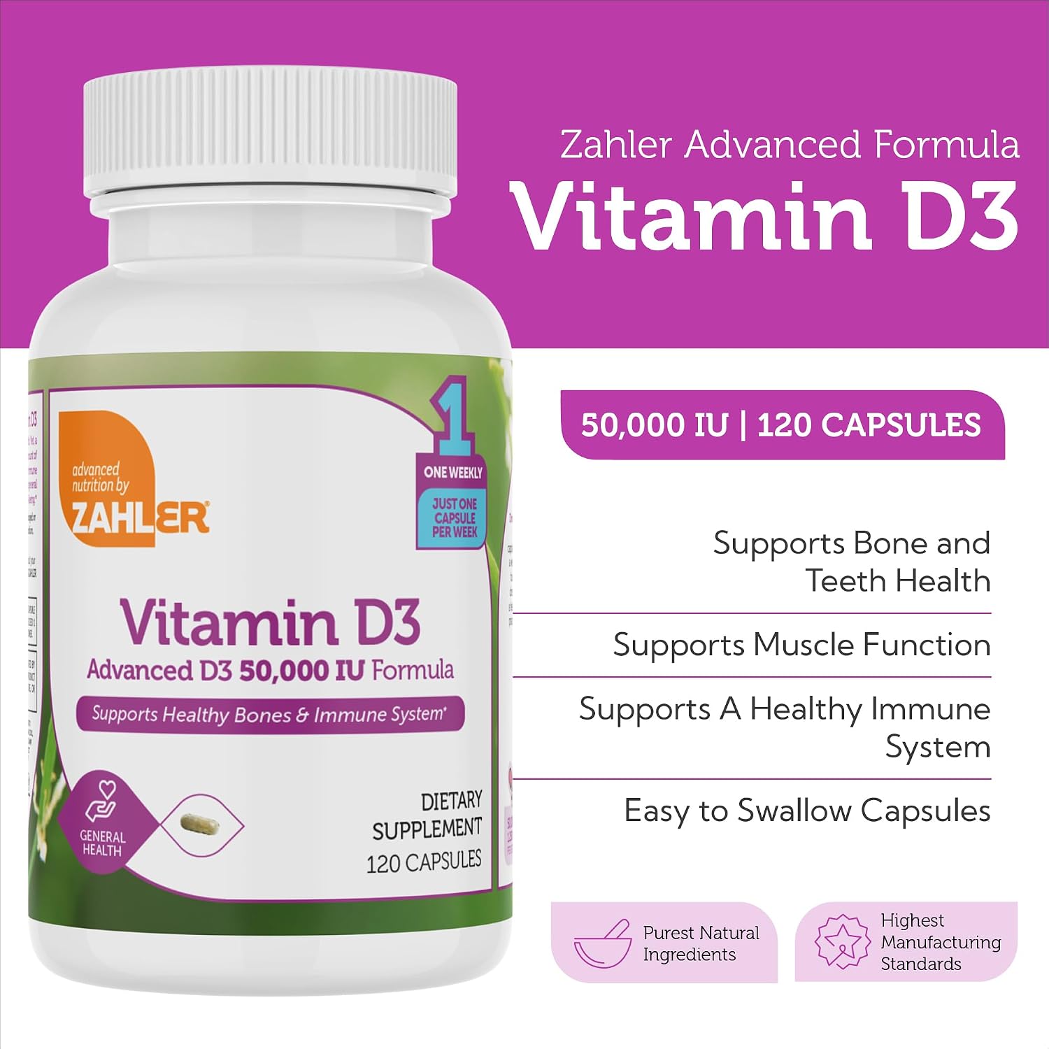 Zahler - Advanced Vitamin D3 50000 IU Cápsulas (120 unidades) - Suplemento Semanal de Vitamina D3