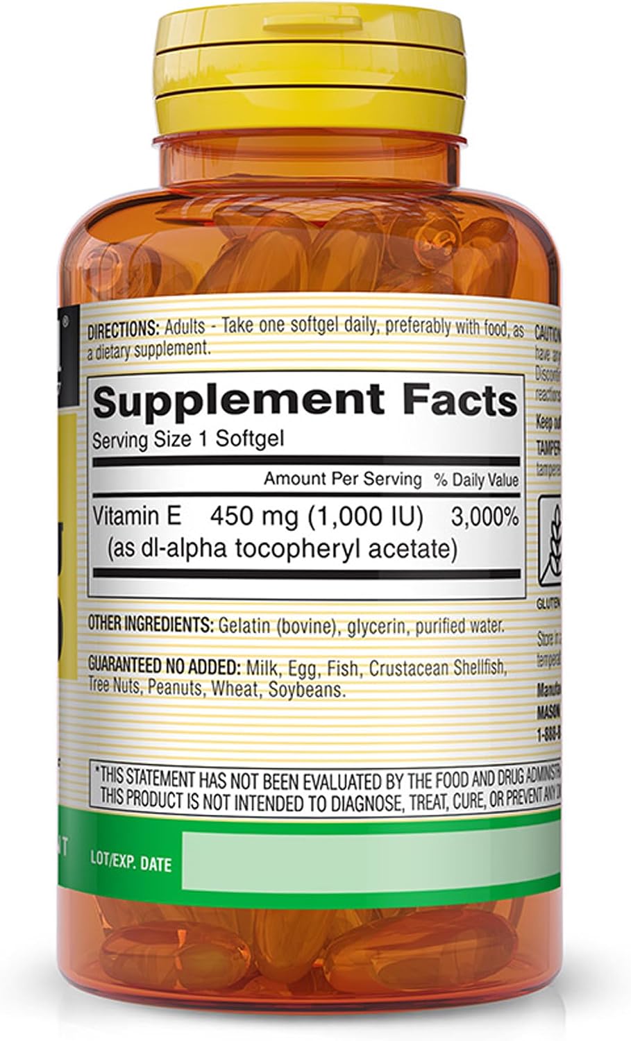 MASON NATURAL Vitamin E, 450 mg (1,000 IU), Daily Supplement with Essential Nutrient, 100 Softgels
