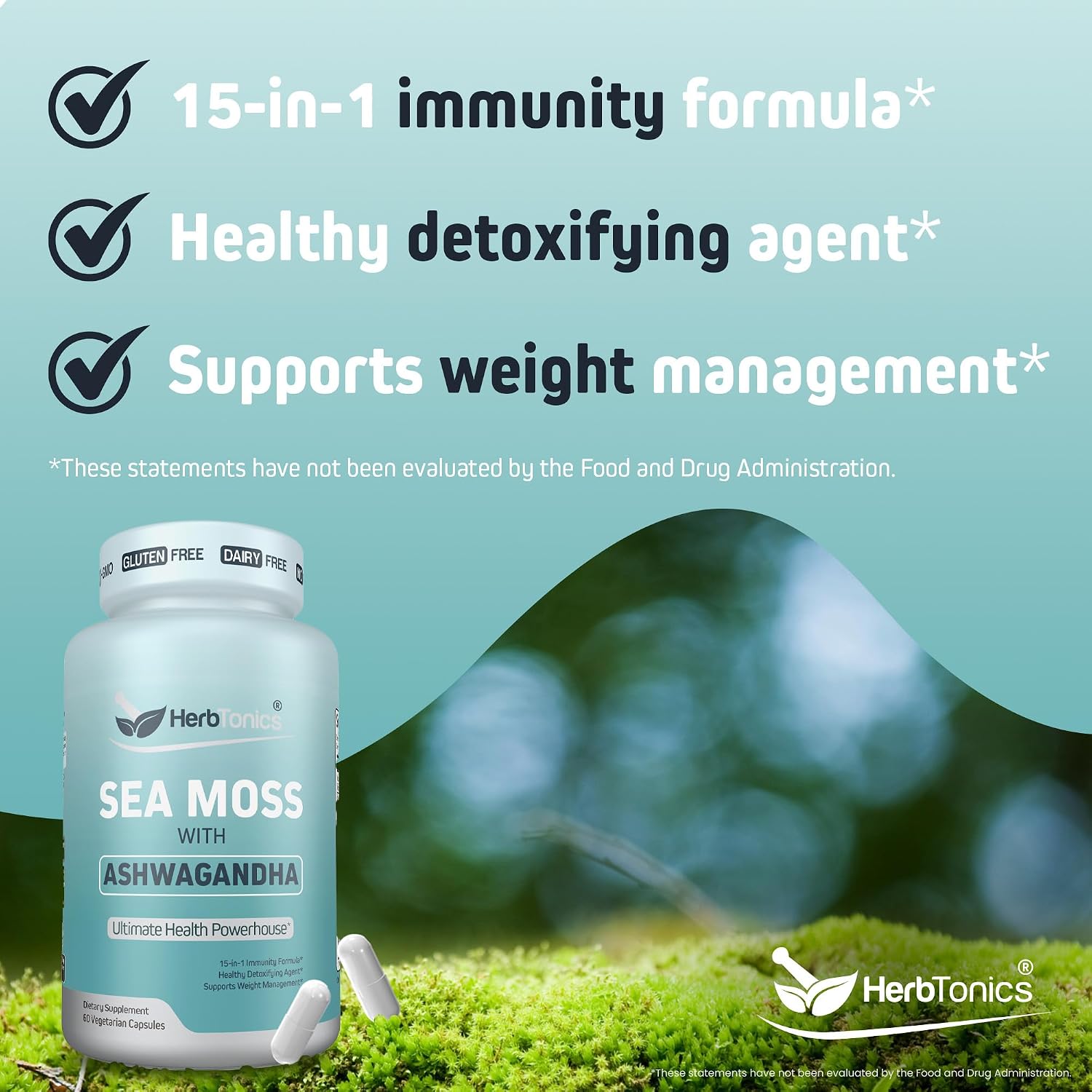 Herbtonics Sea Moss, Black Cumin Seed, Ashwagandha, Burdock Root & ACV Complex | Apoyo Inmunidad, Estrés y Digestión | 60 Cápsulas
