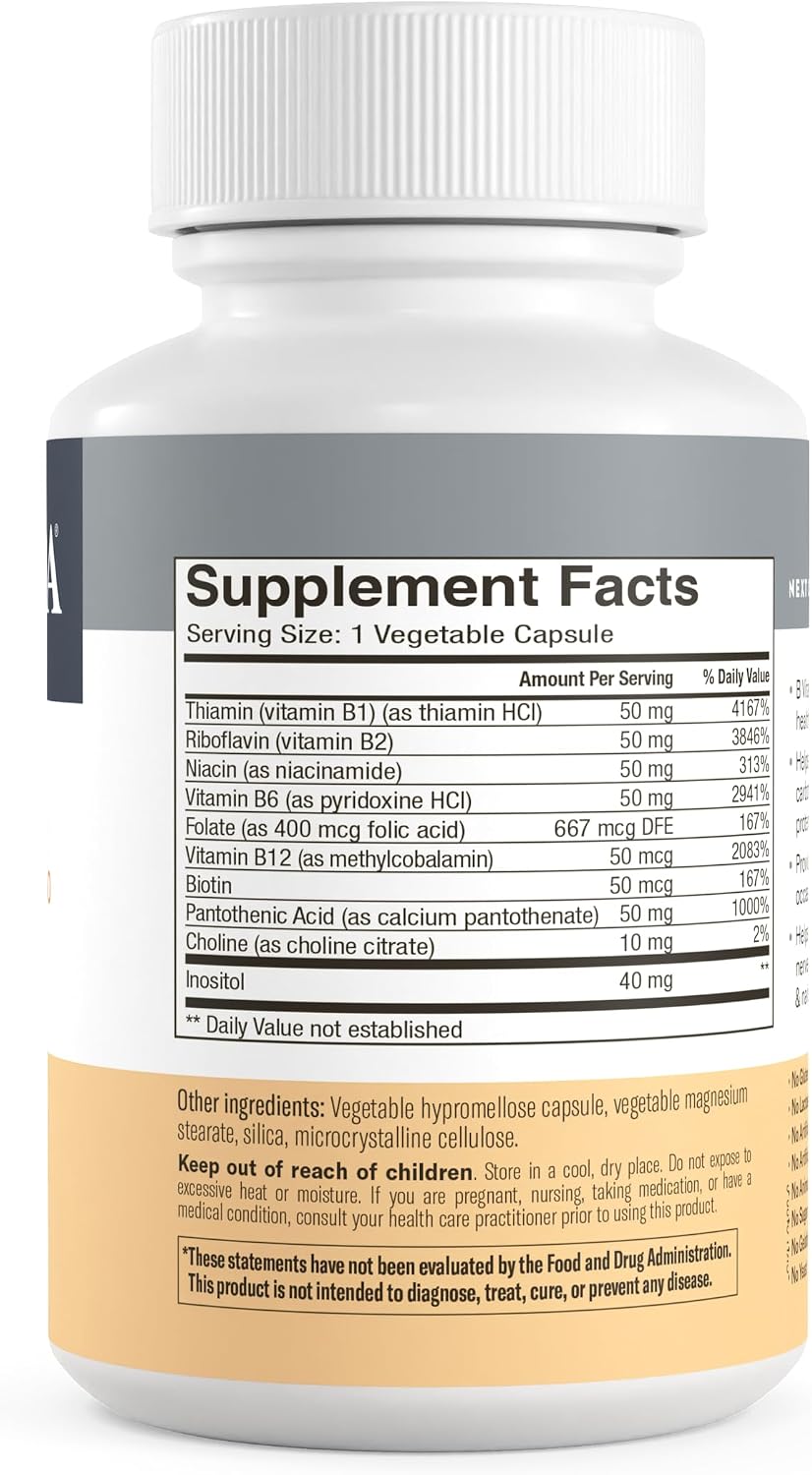 FREEDA Cápsulas de Complejo B – Super Quints B-50 – B2, B3 (Niacinamida), B6, B12 + Biotina + Ácido Fólico + Colina e Inositol – Vegano – 250 Cápsulas