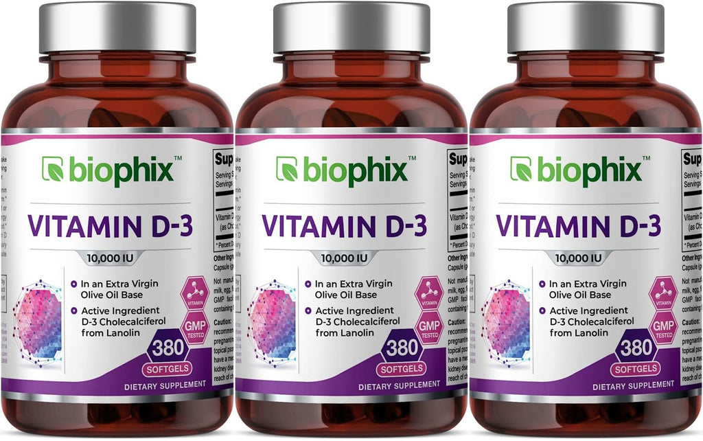 biophix Vitamina D3 10000 UI 380 Cápsulas Blandas (3 Paquetes) - Alta Potencia en Aceite de Oliva Virgen Extra, No-GMO, Sin Soja