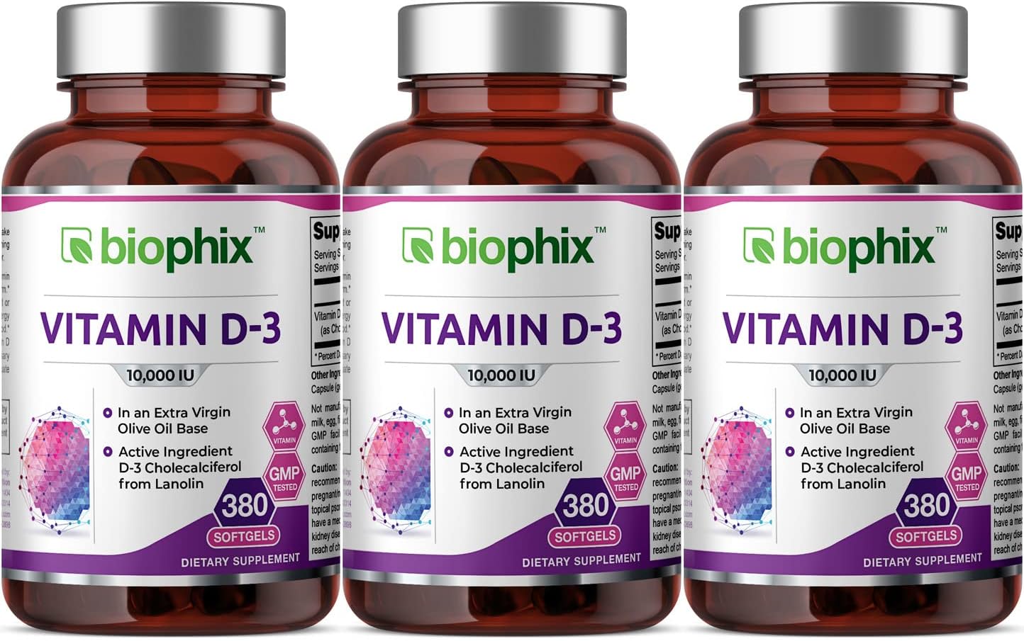 biophix Vitamina D3 10000 UI 380 Cápsulas Blandas (3 Paquetes) - Alta Potencia en Aceite de Oliva Virgen Extra, No-GMO, Sin Soja