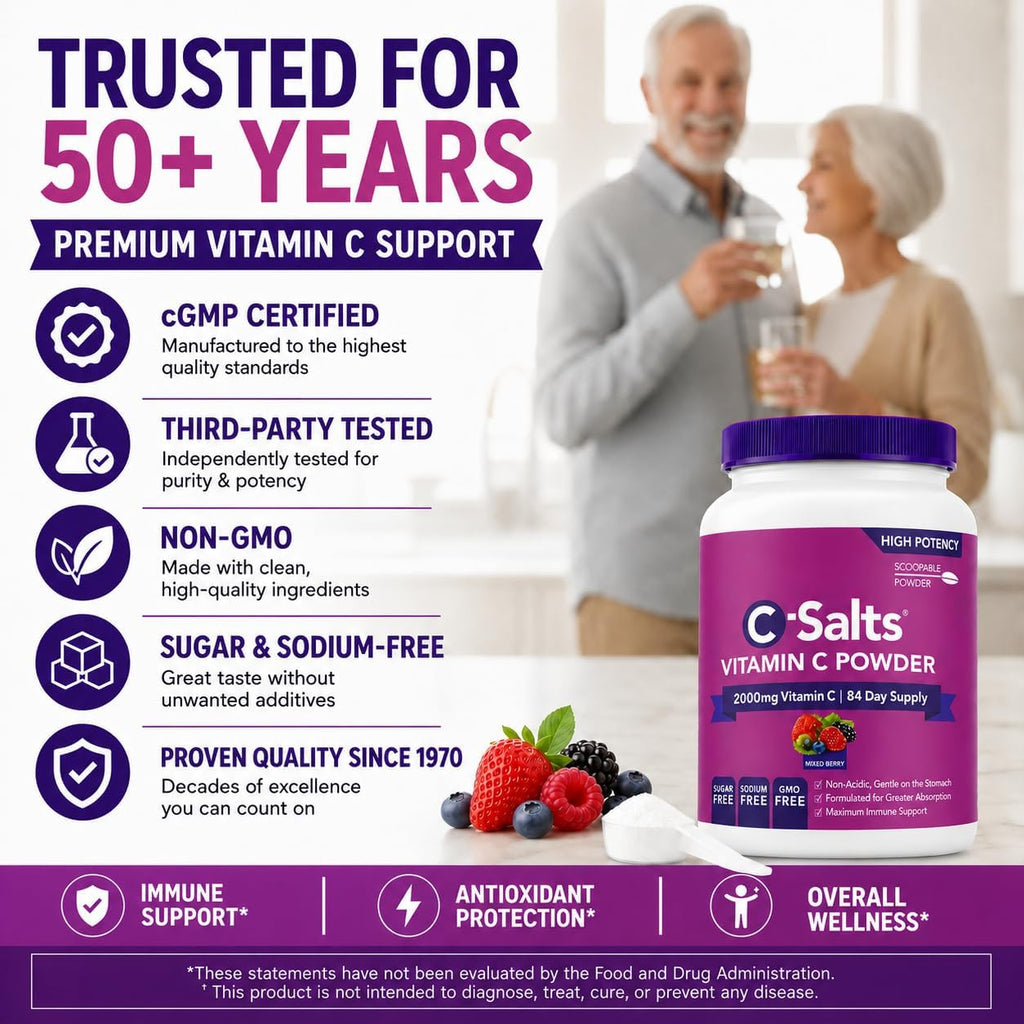 C-Salts Vitamina C en Polvo Tamponada - Orgánica, Suave para el Estómago - 4000mg por Ración - Sabor Frutos del Bosque - 735g (26oz) - 272 Porciones - Vegano, Sin Gluten, Sin Azúcar