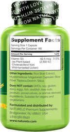NATURELO Vitamina D3 2500 UI – Vegana a partir de Líquenes – 180 Cápsulas