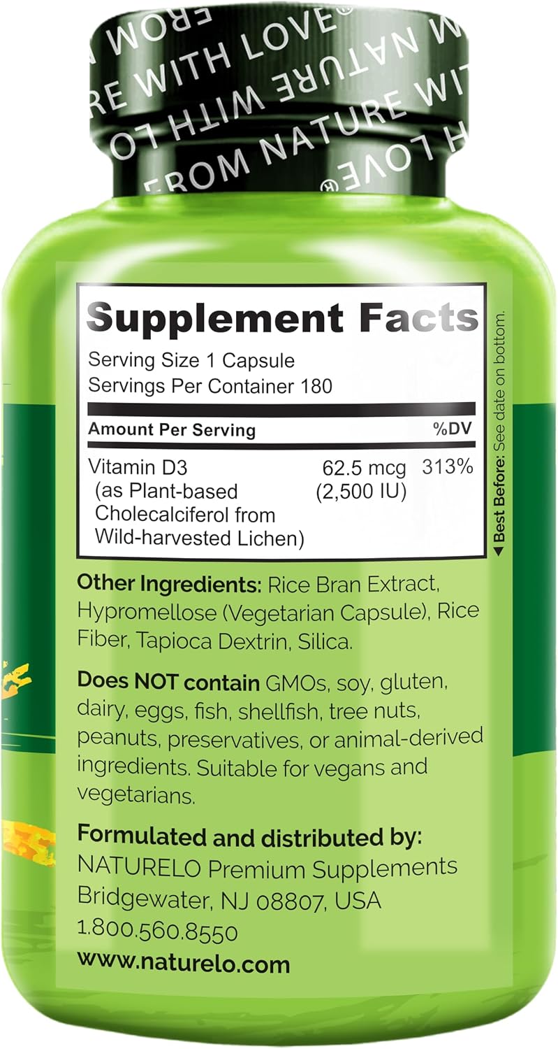 NATURELO Vitamina D3 2500 UI - 180 Cápsulas (Paquete de 2) - Vegano, Sin Gluten