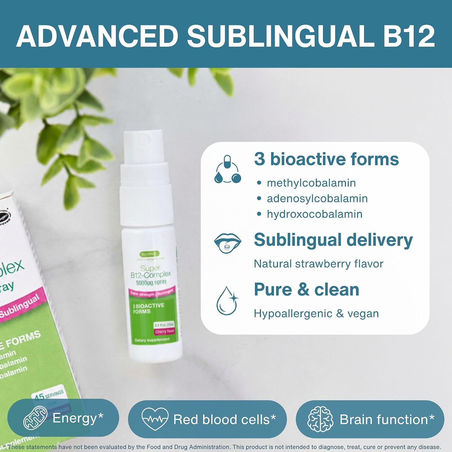 Igennus Triple Complejo de Vitamina B12 5000mcg Spray Sublingual, Metilcobalamina, Adenosilcobalamina e Hidroxocobalamina, 45 Servicios, Vegano
