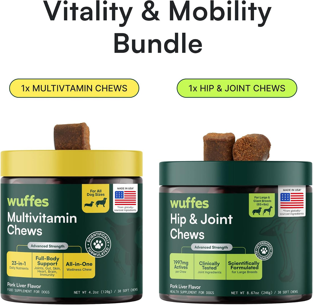 Paquete de suplemento para cadera y articulaciones para razas grandes y multivitamínico 23 en 1 de Wuffes