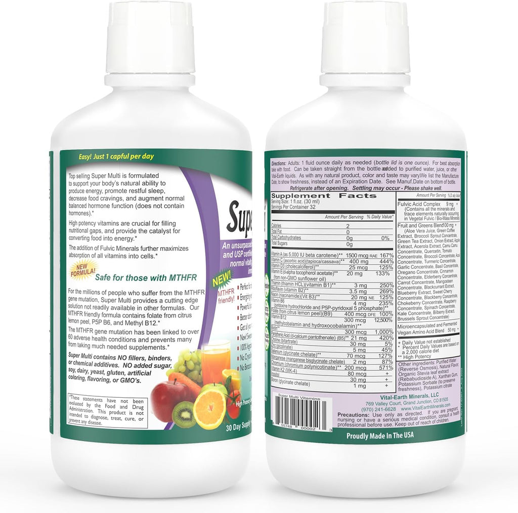 Vital Earth Minerals Detox y Bienestar – Mezcla de Minerales Fúlvicos y Húmicos con Más de 70 Minerales Traza + Super Multi, Multivitamínico Líquido, 2×946 ml