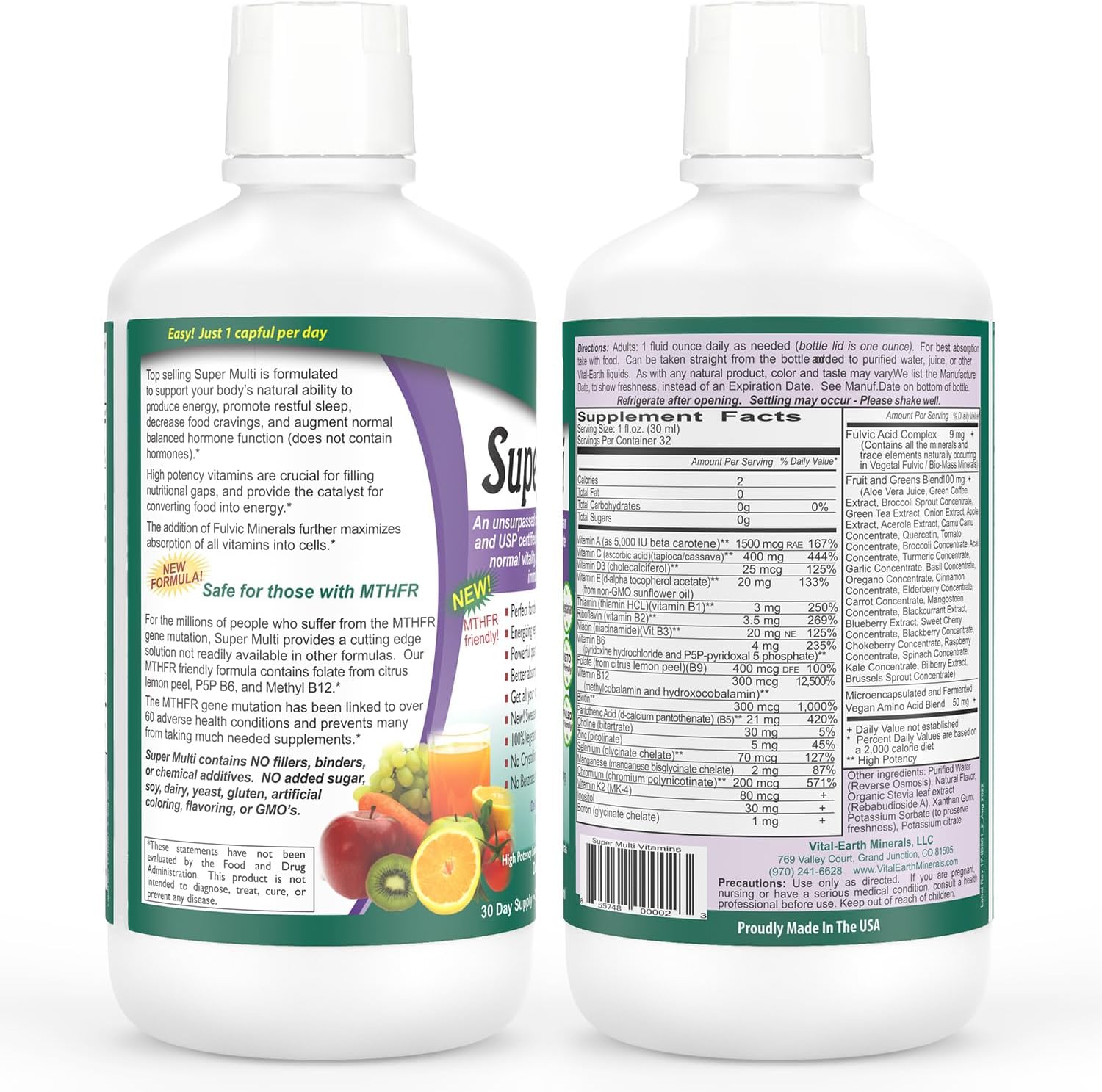 Vital Earth Minerals Detox y Bienestar – Mezcla de Minerales Fúlvicos y Húmicos con Más de 70 Minerales Traza + Super Multi, Multivitamínico Líquido, 2×946 ml