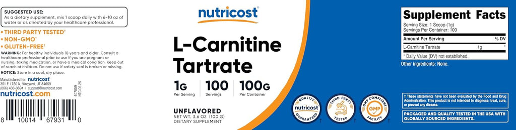 Nutricost L-Carnitine Tartrate Powder (100 Grams) - 1 Gram Per Serving; 100 Servings