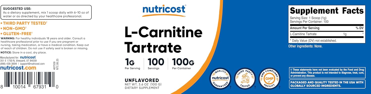 Nutricost L-Carnitine Tartrate Powder (100 Grams) - 1 Gram Per Serving; 100 Servings