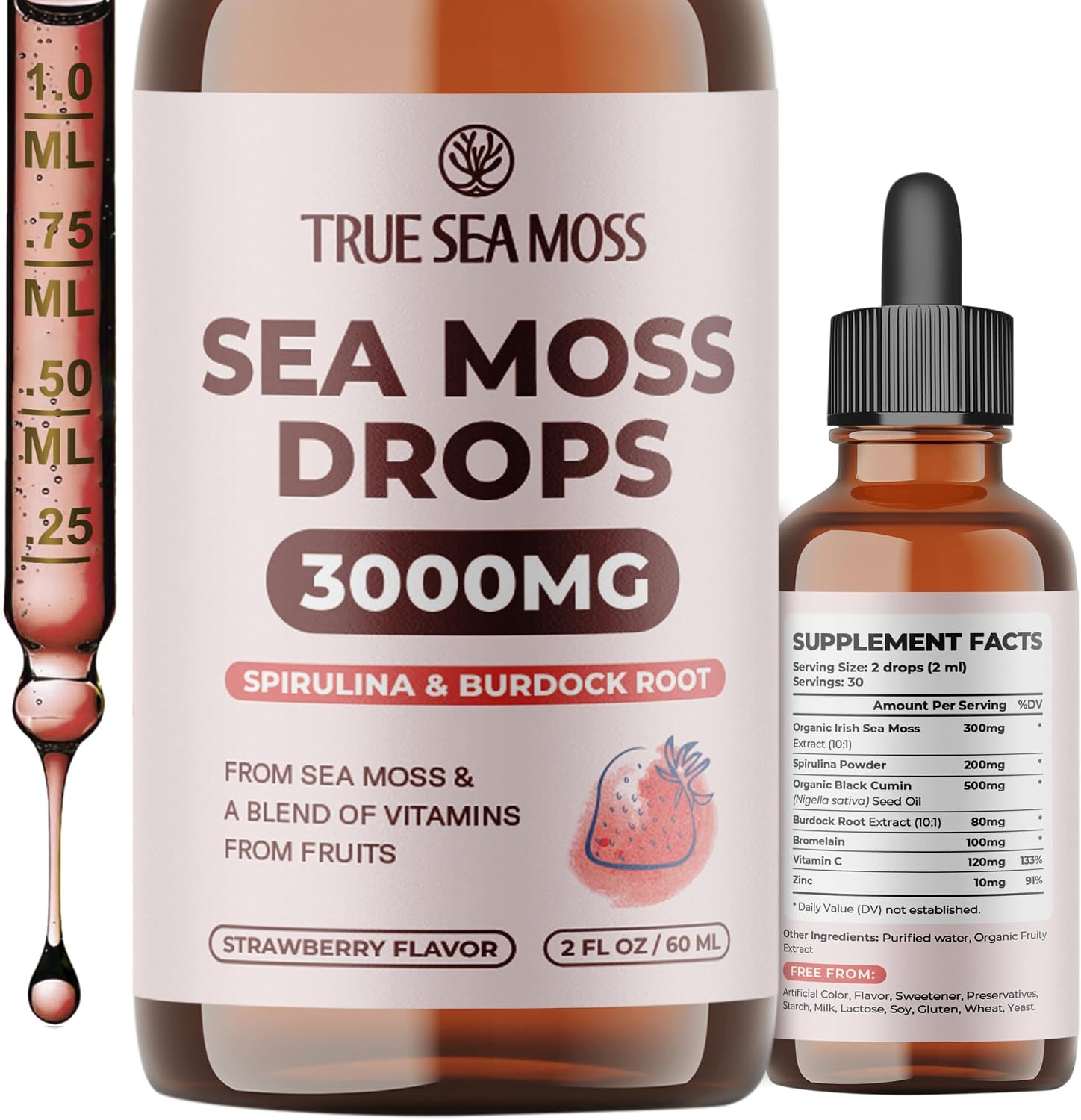 TrueSeaMoss Irish Sea Moss Gotas Líquidas – Aceite de Semilla Negra, Extracto de Bladderwrack, Raíz de Bardana, Vitamina C y Zinc – Sabor Manzana – 30 Dosis