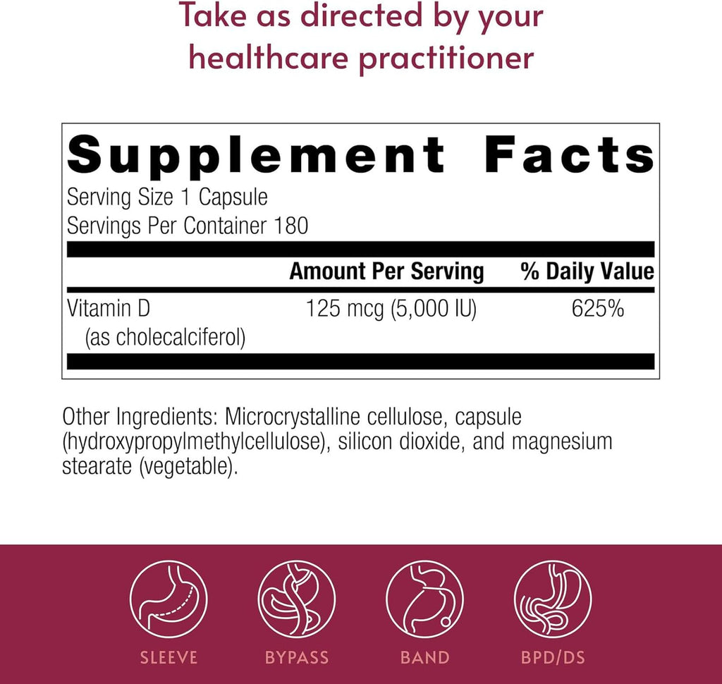 Bariatric Advantage Vitamin D3 5,000 IU - Bariatric Vitamin D Capsules - Water Miscible - Bone Health Support* - 180 Count
