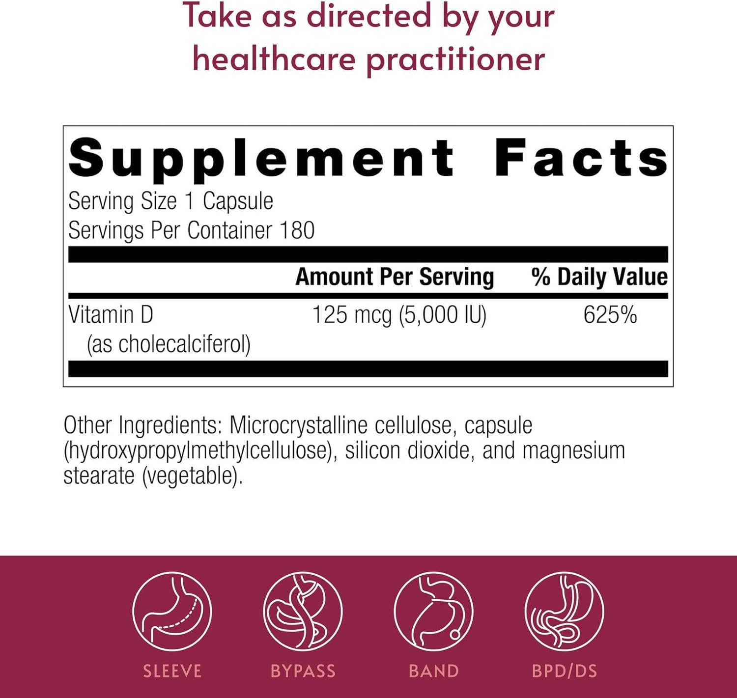 Bariatric Advantage Vitamin D3 5,000 IU - Bariatric Vitamin D Capsules - Water Miscible - Bone Health Support* - 180 Count