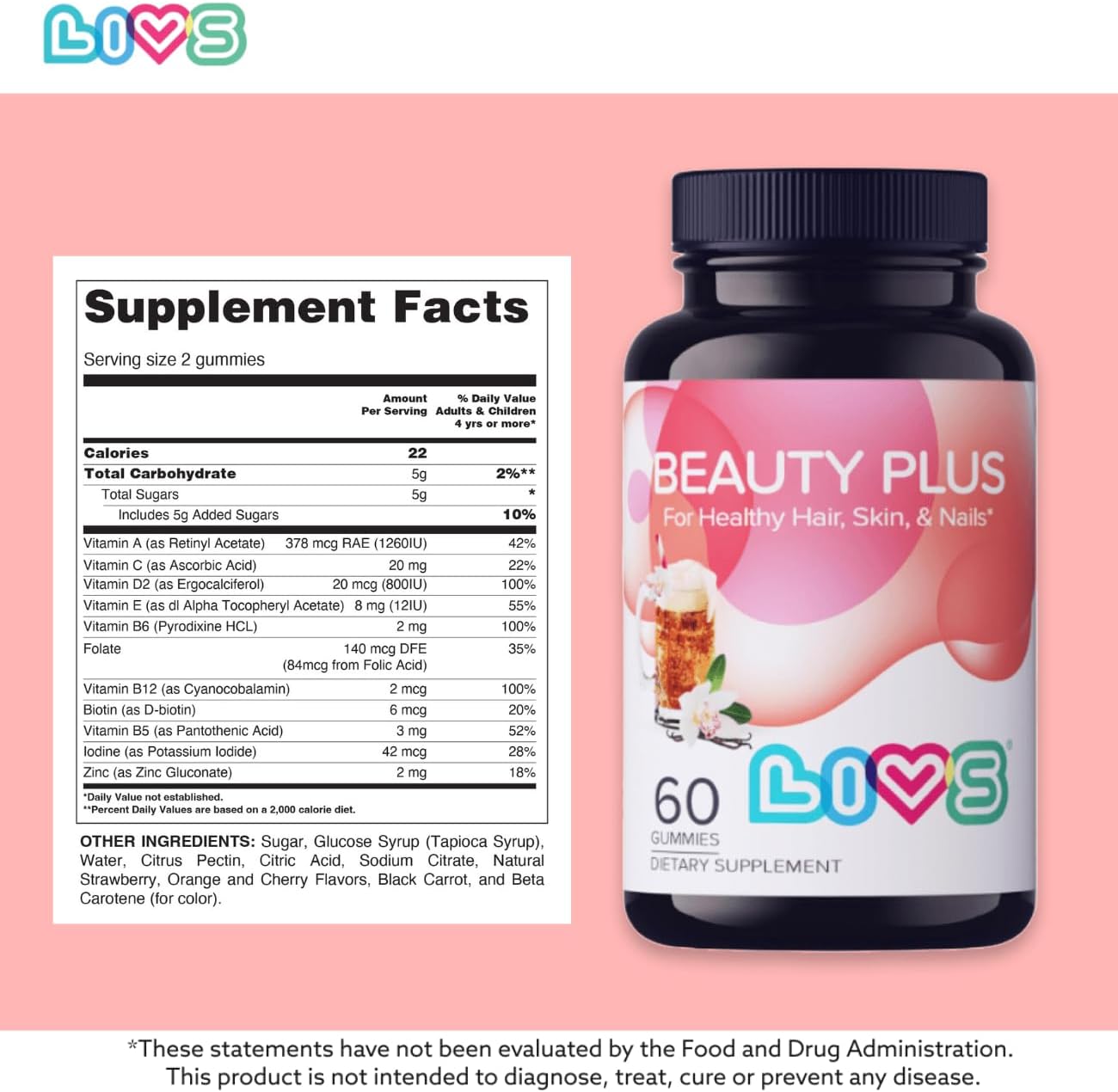 LIVS Beauty Plus Gomitas de Biotina para Cabello, Piel y Uñas, Sabor Crema Soda - 60 uds