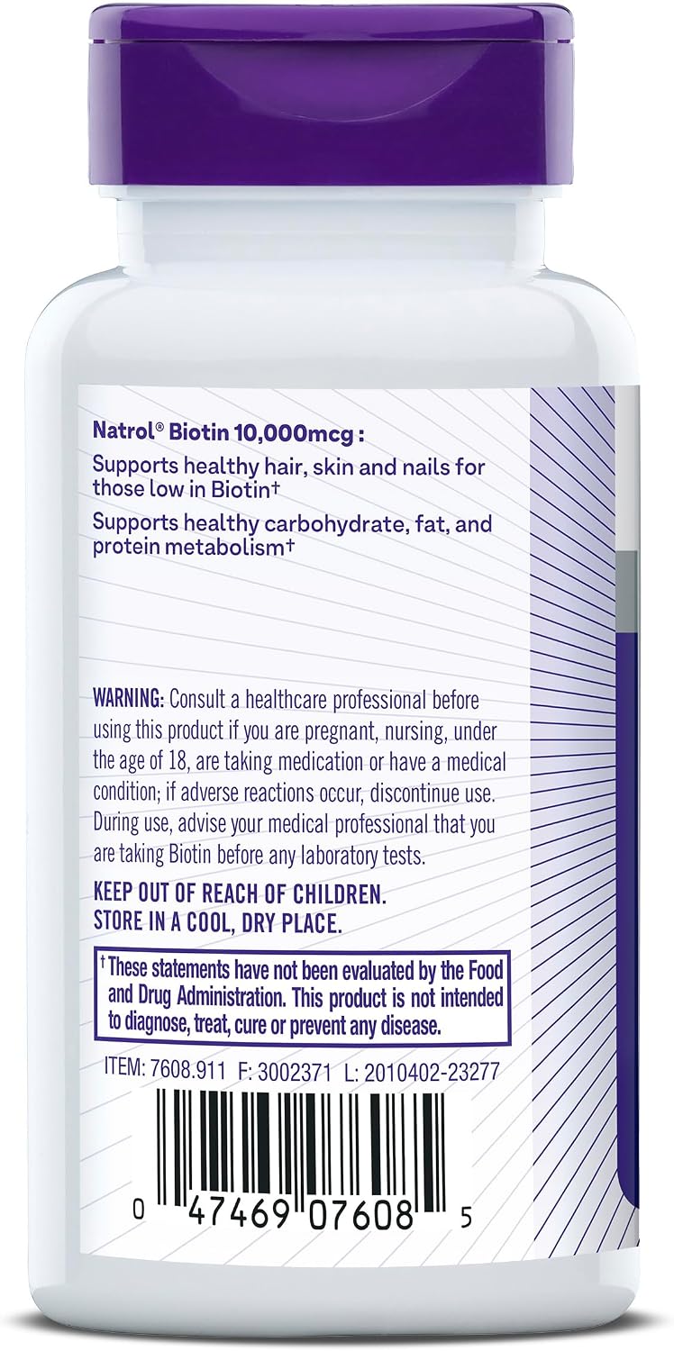 Natrol Biotina 10000mcg, para Cabello, Piel y Uñas Saludables, 200 Comprimidos