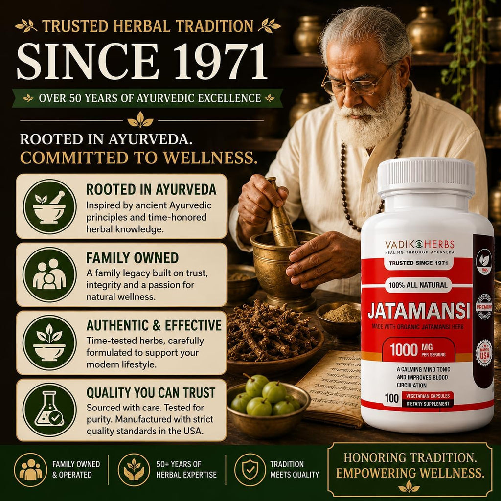 Vadik Herbs Jatamansi Cápsulas 1000mg – Raíz Orgánica de Jatamansi (Nardostachys jatamansi) – Hierba Ayurvédica para la Calma, Claridad y Sueño Reparador – 100 Cápsulas Vegetales – No Transgénico