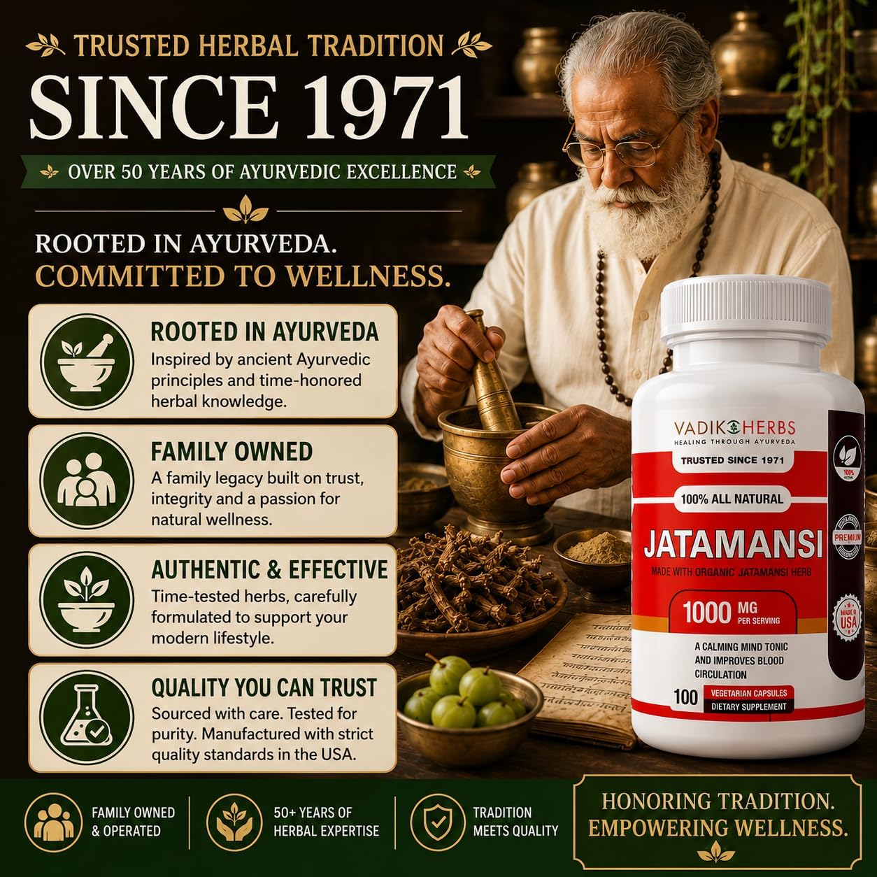 Vadik Herbs Jatamansi Cápsulas 1000mg – Raíz Orgánica de Jatamansi (Nardostachys jatamansi) – Hierba Ayurvédica para la Calma, Claridad y Sueño Reparador – 100 Cápsulas Vegetales – No Transgénico