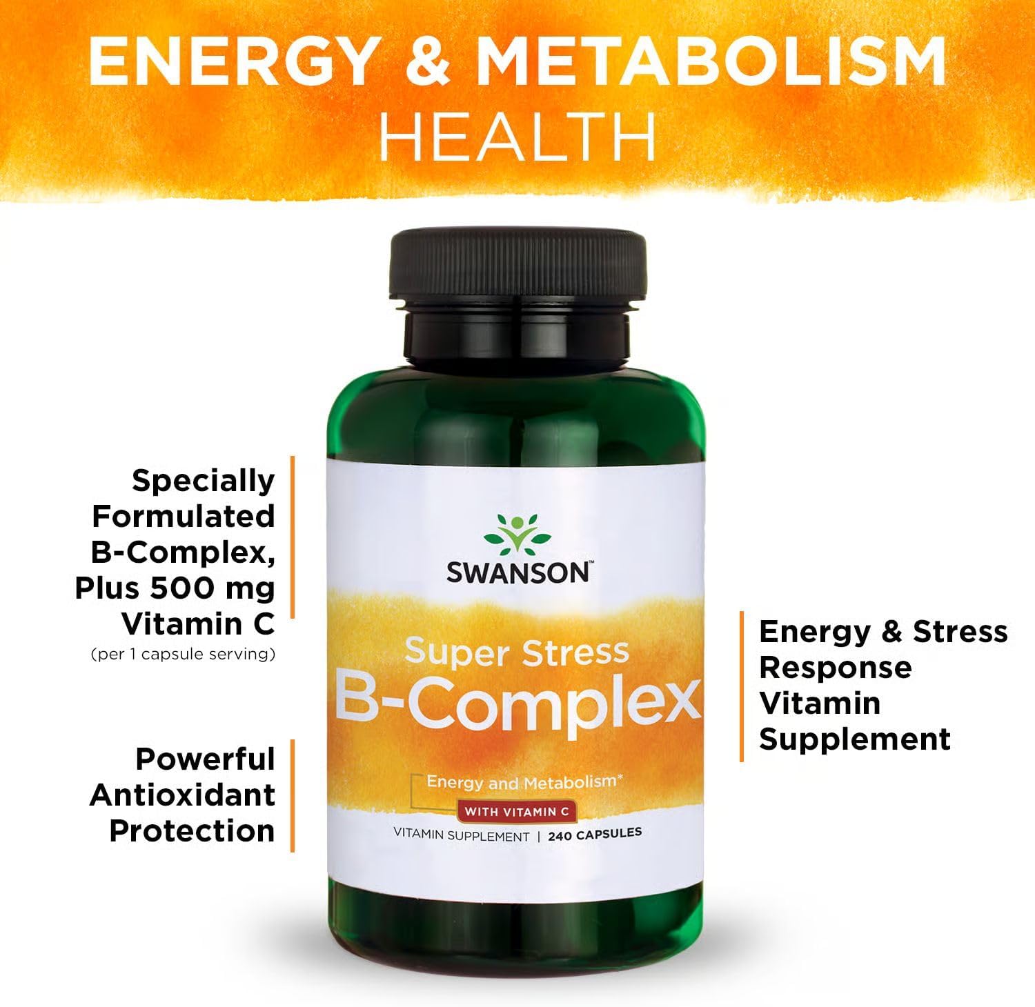 Swanson Super Stress Complejo B - Complemento de vitaminas B para energía y bienestar (240 cápsulas, pack de 2)