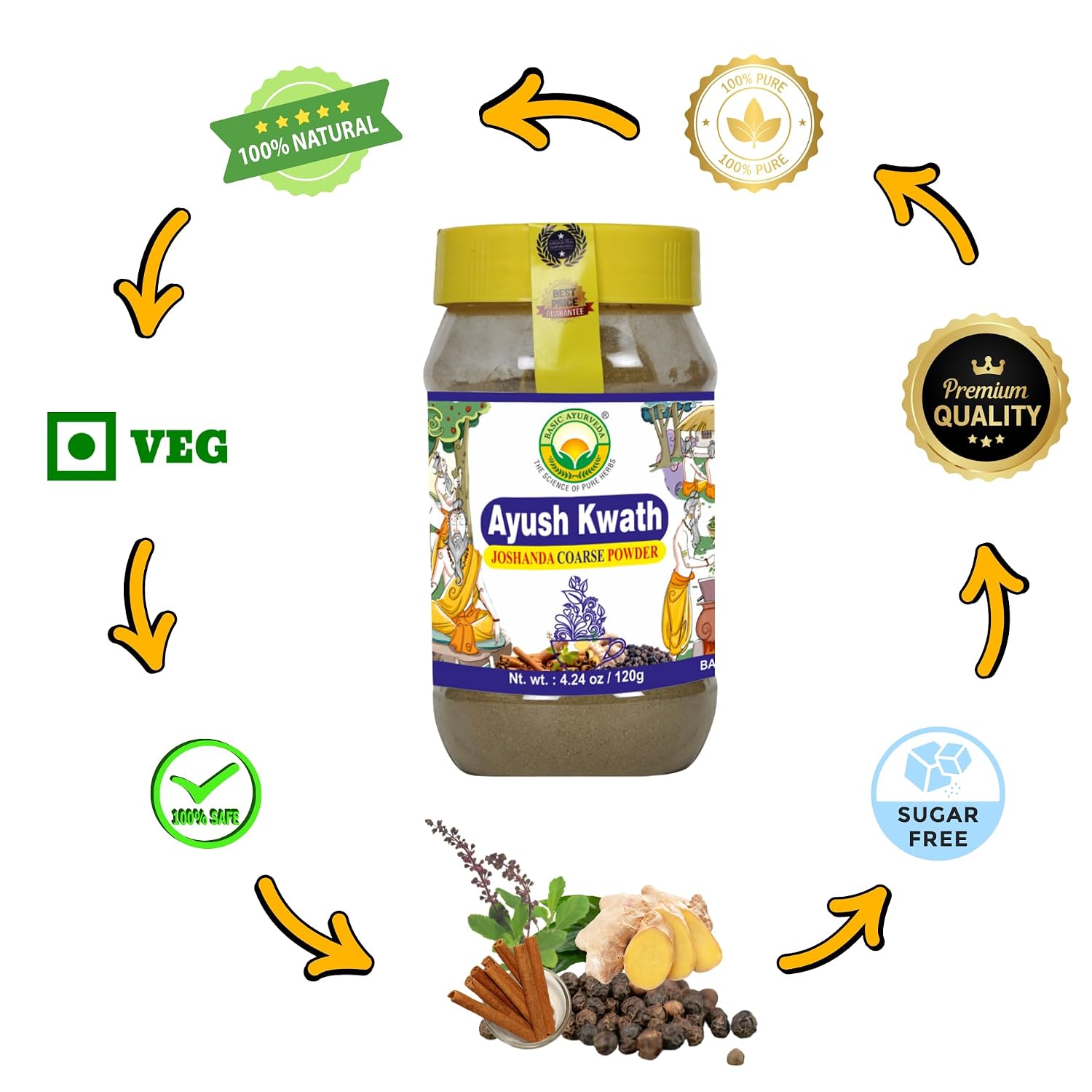 BASIC AYURVEDA Kwath Kadha Polvo Ayurvédico - Mezcla de Especias con Canela, Jengibre y Albahaca Santa - Infusión Herbal Orgánica - 120g