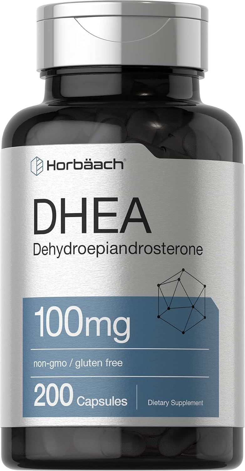 Horbäach DHEA 100mg | 200 Cápsulas | Suplemento para Hombres y Mujeres | No OGM, Sin Gluten