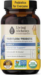 Your Flora Probiotic Family – Probióticos No-GMO con Soja Fermentada, Plátano y Arándano – 60 Cápsulas – Living Alchemy