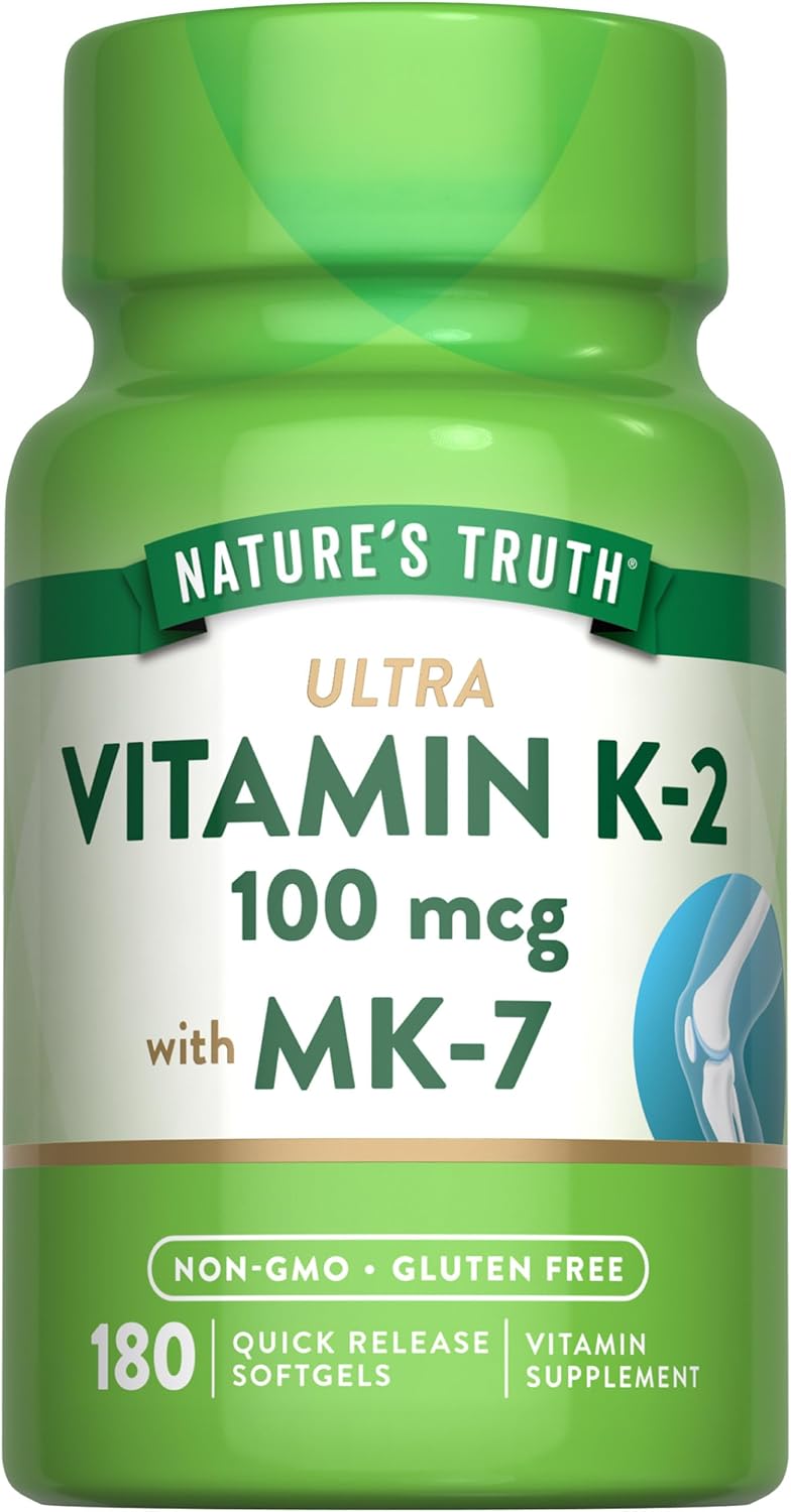 Nature's Truth Vitamina K2 MK-7 | 100 mcg | 180 Cápsulas Blandas | No-GMO y Sin Gluten