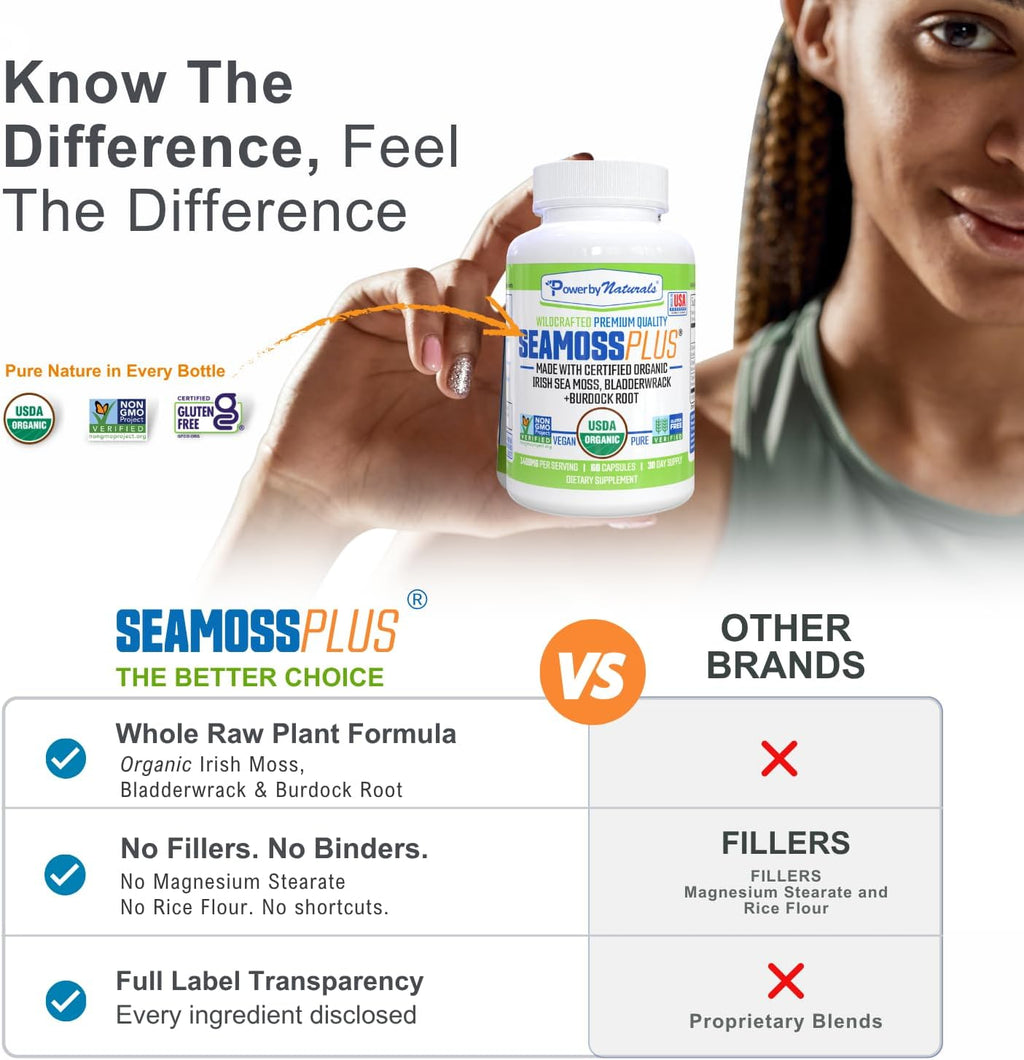 Power By Naturals Sea Moss Plus – Cápsulas Orgánicas de Musgo Irlandés con Bladderwrack y Bardana – 60 Cápsulas (1 Mes)