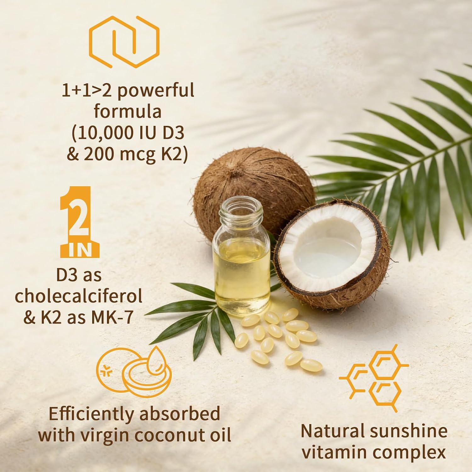 LETSCOL 2-en-1 Vitamina D3 K2 Softgel, 10000 UI de Vitamina D3 y 200 mcg de Vitamina K2 MK-7
