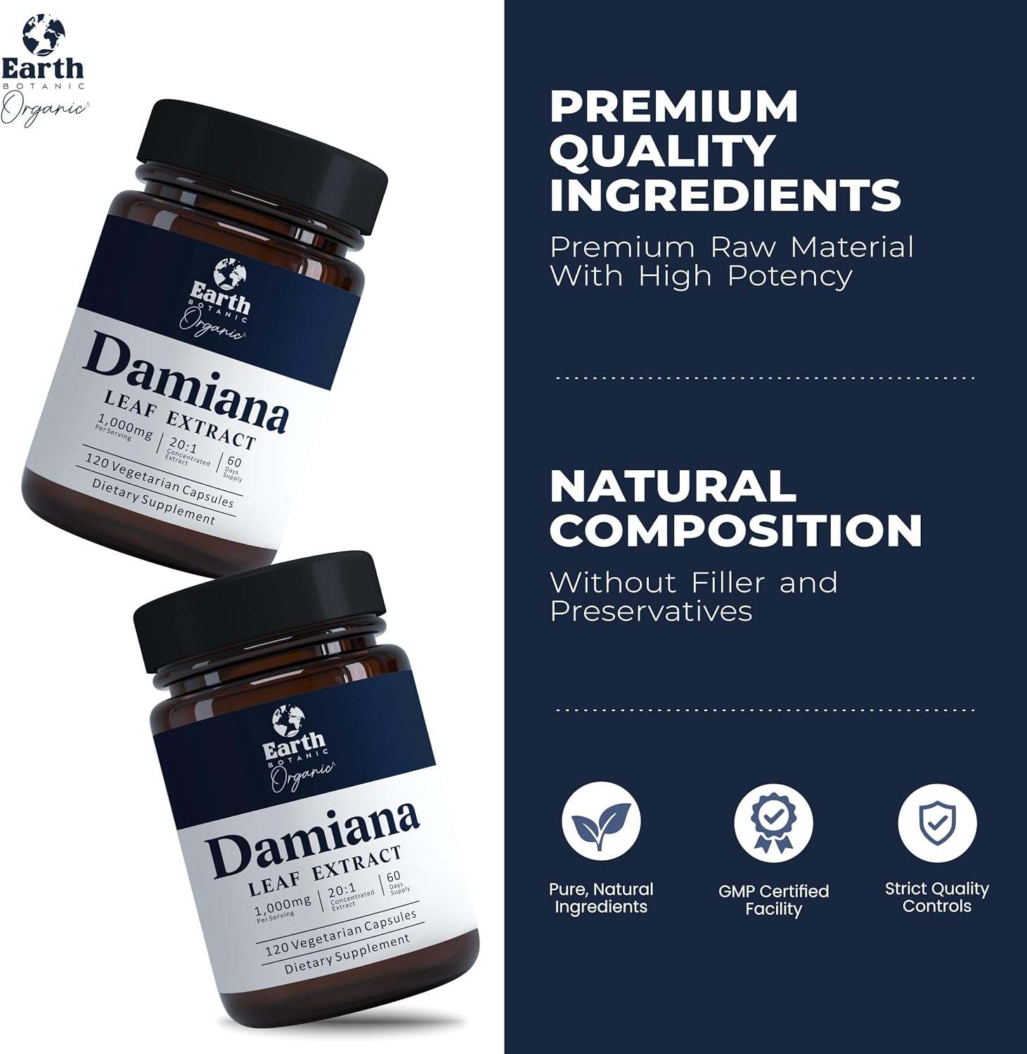 Cápsulas de Damiana 1000 mg | Extracto de Hoja de Damiana 20:1 Concentrado | Suplemento Herbal | Base Vegetal | No Transgénico | 120 Cápsulas Vegetales