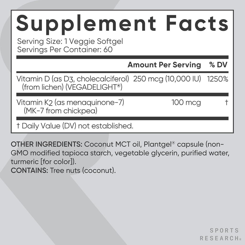 Sports Research® Vitamina D3 + K2 con 10.000 UI de D3 vegetal y 100 mcg de Vitamina K2 como MK-7 | Certificado Vegano y No GMO 60 cápsulas