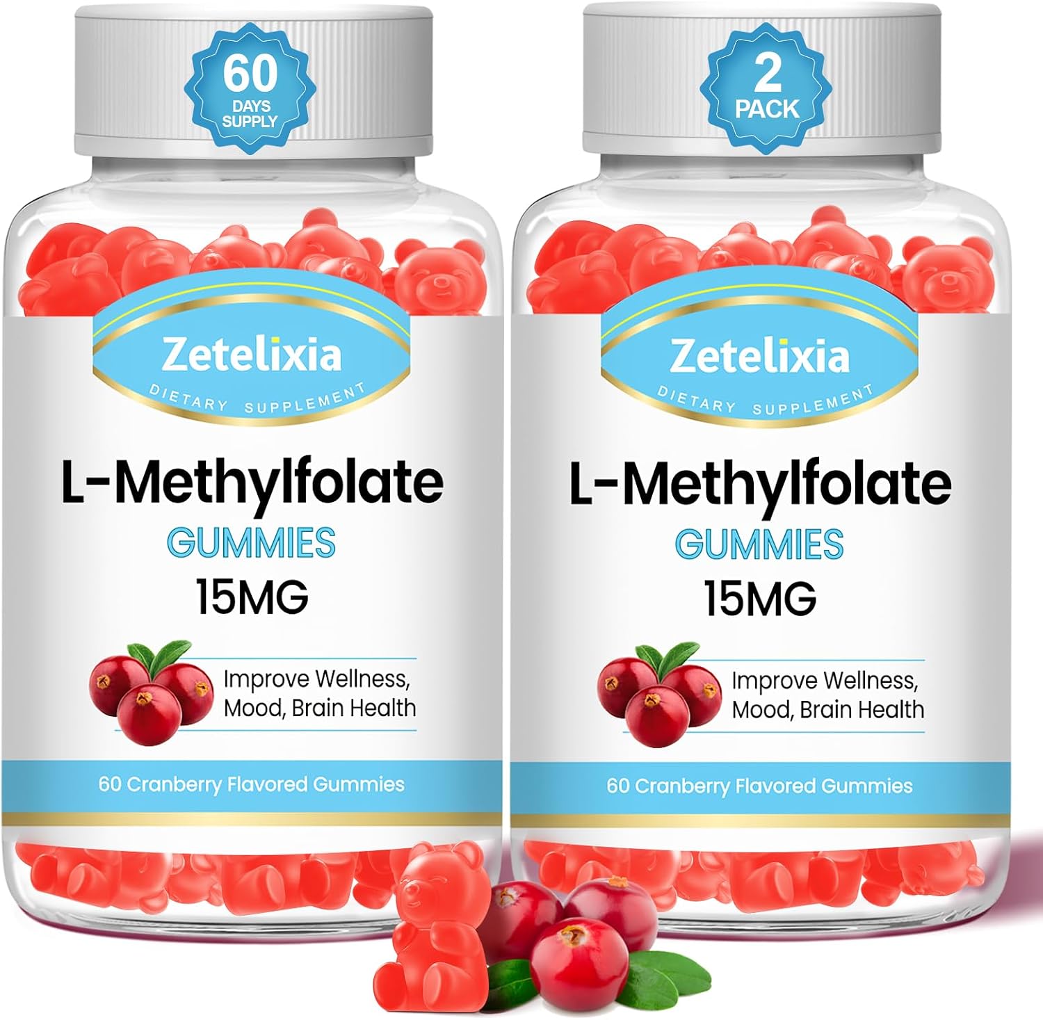Zetelixia L-Metilfolato 15mg y Metil B12 Gominolas - Suplemento de Folato para la Salud Cerebral, Estado de Ánimo e Inmunidad - Sin Azúcar, Vegano, Sabor Frambuesa, 120 Unidades (2 Envases)