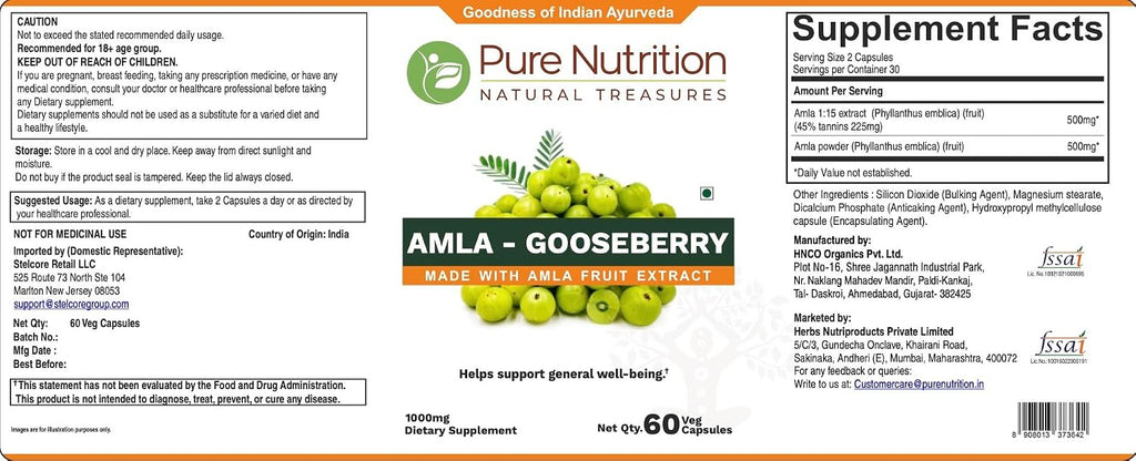 Pure Nutrition Amla Capsules (Indian Gooseberry) - 1000 mg por dosis, 60 Cápsulas Veganas