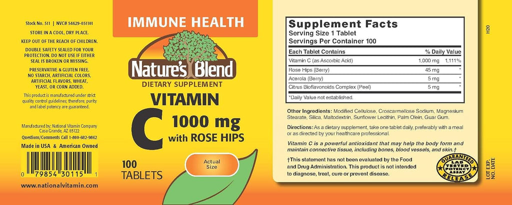 Nature's Blend Vitamina C 1000mg con Escaramujo - 100 Tabletas