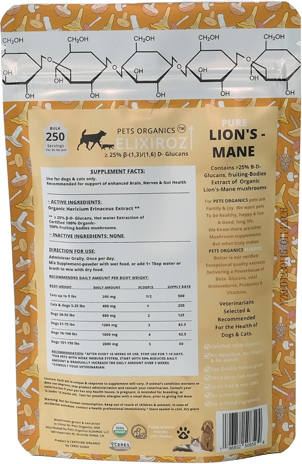 PETS ORGANICS ELIXIROZ Extracto de Melena de León para Perros y Gatos - Concentrado 8:1-12:1 - 250 Servicios
