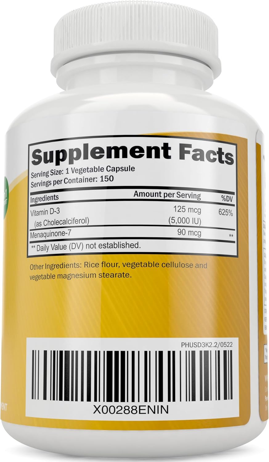 Vitamina D3 y K2, 5000 UI + 90 mcg, 150 Cápsulas