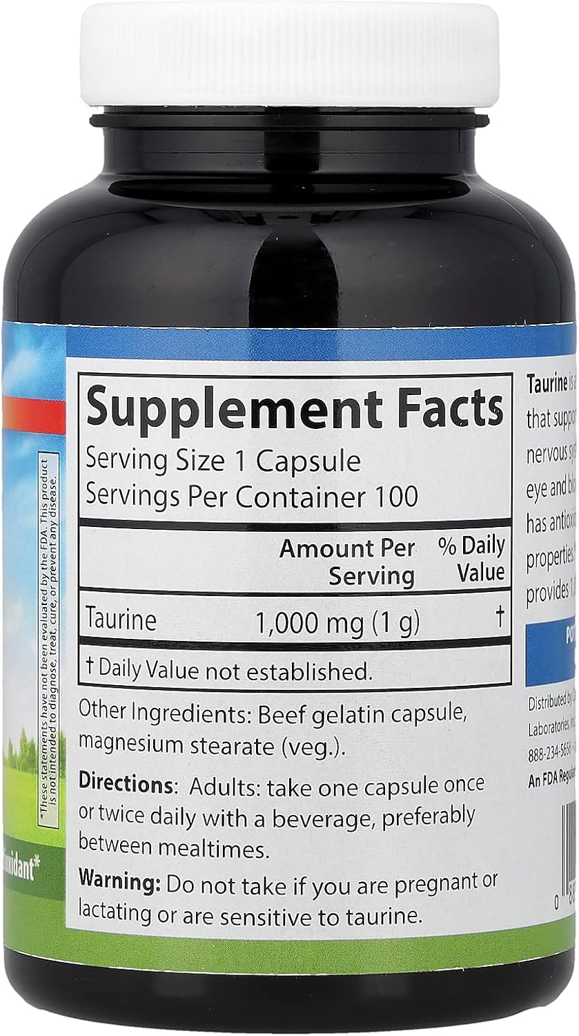 Carlson Taurina, Aminoácido de Forma Libre, 1000 mg, 100 Cápsulas