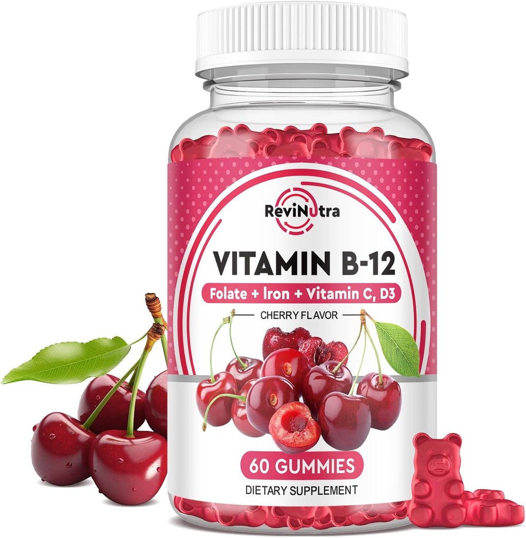 Vitamin B12 Gummies 5000 mcg Metilcobalamina con Hierro, Vitamina C, D3 y Ácido Fólico - 120 Gomitas (2 Pack)