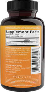 Viva Naturals Vitamin D3 5000 IU Softgels, 360 Count (125 mcg)