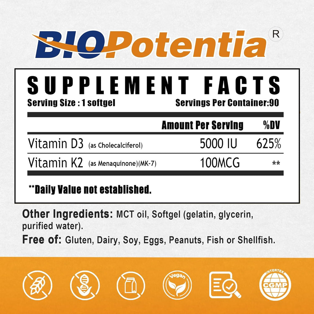 BIO POTENTIA Vitamina D3 K2 con MCT Oil, 5000 UI D3 y 100 mcg K2 (MK-7), 90 Cápsulas Blandas